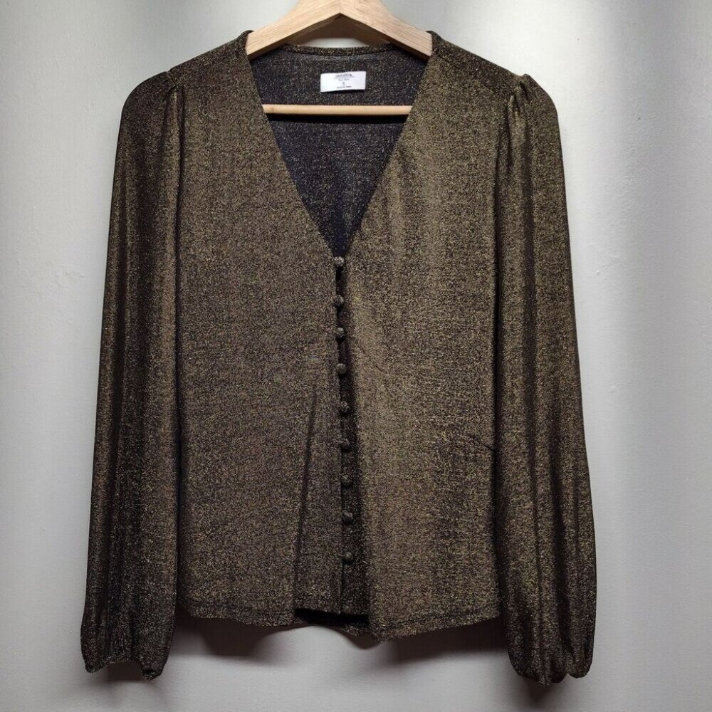 Untuckit Blouse Top Women Size S Black Gold Metallic Long Sleeve Stretch Party